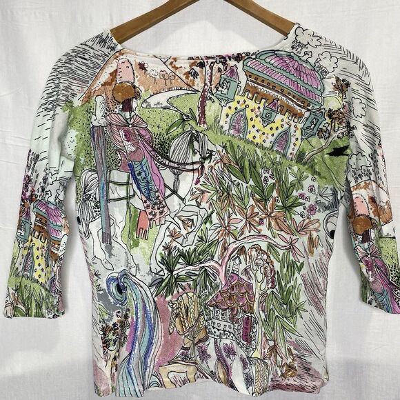 CAREN BROOK Top Beaded 3/4 Sleeve Artsy Watercolor Foliage Horse Blouse Womens L - Picture 3 of 12